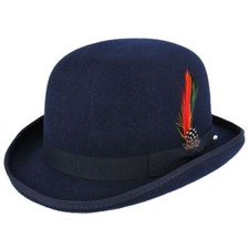 Hard Top 100% Wool Bowler Hat Removable Feather Satin Lined 4 Sizes