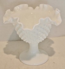 VTG Fenton White Milk Glass Hobnail Pedestal Bowl  Compote-Ruffled Edge-5.5"-EUC