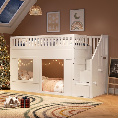 White wooden house bunk bed - white,