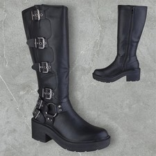 LADIES WOMENS CHUNKY BLOCK HEEL PLATFORM ZIP UP BUCKLE BIKER RIDING BOOTS SIZE