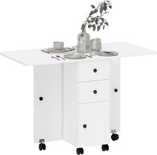 Folding Drop Leaf Dining Table on Wheels w/ Drawers, White