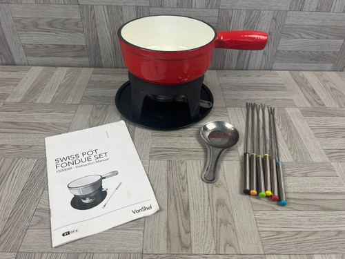 Red enamel fondue set - enamel,