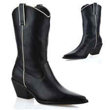 Ladies Womens Mid Calf Block Heel Western Riding Cowboy Biker Boots Shoes Size