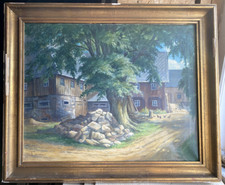 Oil Painting Farm South Thuringia Monogram For 1939 Chickens Yard Frame Antique