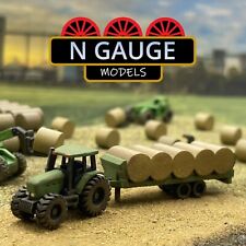 PAINTED- N Scale Gauge 1:148 Farm Tractor & Round Bale Trailer  (Farm Hay 1:160)