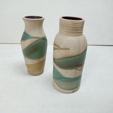 Pair of Studio Pottery Vases  Signed Abstract Green Drip Glaze Mid-Century