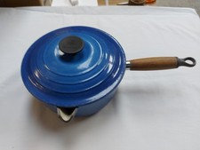 Vintage Le Creuset 20cm Cast Iron Saucepan Pan Blue Wooden Handle