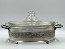 Antique Silver Plated Footed Holder PYREX Oval Casserole Dish Repousse Dutch