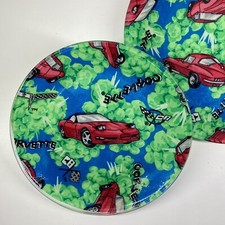 80s set/2 Decoupage CHEVROLET CORVETTE Glass PLATES 63'-81' Stingray Sports Car