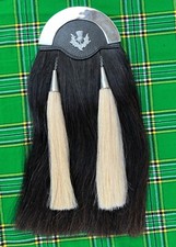 Black 100% Original Horse Hair Long Kilt Sporran 2 White Tassels & Chain Belt