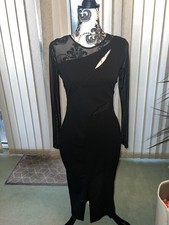 Brand New With Tags Black Petite Long Sleeve Mesh Cut Out Split Mid Black Dress