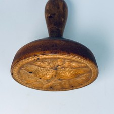 ANTIQUE VICTORIAN WOODEN TREEN BUTTER MOLD ACORN OAK LEAF CARVED STAMP / PRESS