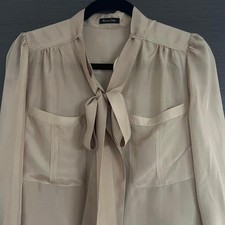 MASSIMO DUTTI Pure Silk Beige Blouse With Bow & Rolling sleeves. Size 38/10