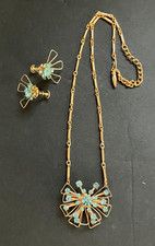 Vintage CORO Blue Rhinestone Gold Tone Necklace & Screw Back Earrings Set