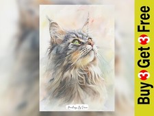 Majestic Old Gray Maine Coon Cat, Watercolor Painting Print 5"x7" on Matte Paper