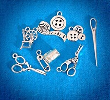 Alloy Knitting Charms Tape Scissors Needle Buttons Spinning wheel antique silver