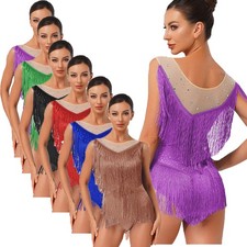UK Women Latin Dance Leotard Dress Sleeveless Fringe Bodysuit Ballroom Dancewear
