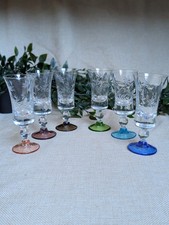 Vintage Etched Liqueur Glasses Set of 6 – Multicoloured Bases, 13.5cm
