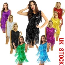 UK Womens Sequin Tassel Dance Dresses Ballroom Ballet Latin Samba Flapper Dress