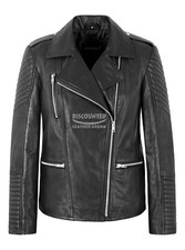 Ladies Quilted Biker Leather Jacket Black Classic Motorcycle Casual Style Bella