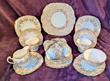 Colclough China - 21 pce Tea Set - Blue&Gold Chintz - 6 Trios, Jug, Bowl & Plate