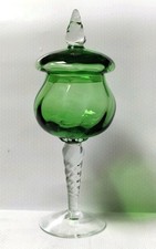 Empoli Green Optical Glass Jar Lidded Apothecary Bon Bon Vintage Twisted Stem