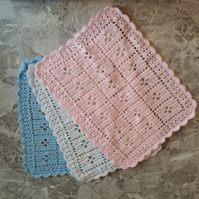 Handmade Crochet Blanket Baby Doll Pram Cot Nursery | White/Pink/Blue | 16.5x22"