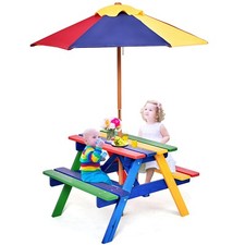 3-in-1 Wooden Children Outdoor Activity Desk Kids Picnic Table Bench W/ Umbrella