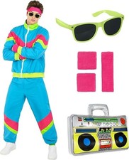 Men`s Bright 80`s Tracksuit Costume Adult 90`s Neon Retro Track Suit Fancy Dress