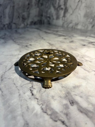 Antique brass trivet round - trivet,