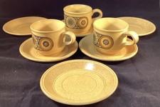 Mid Century Kiln Craft Bacchus Set 3 X Cups & Saucers Plus 3 Extra Saucers 1970s