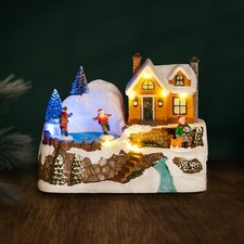 Christmas Musical Village Scene Decoration LED Lighting Ice Skating Ornament