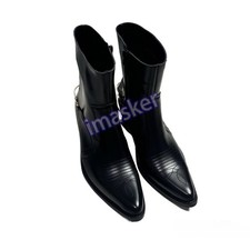 Men's  Ankle Boots Point Toe Leather Shoes Metal Western Cuban Heel Women