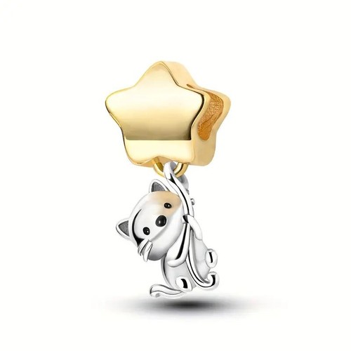 Cat catching golden star charm - cat,