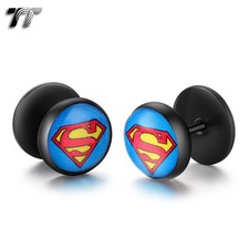TT Clear Epoxy Black Stainless Steel Superman Fake Ear Plug Earrings (BD14) NEW