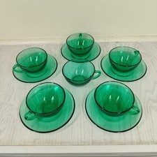Set 5 Vintage Arcoroc France Green Glass Cups & Saucers + Spare cup