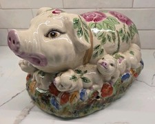 Large Hand Painted Italian Majolica Pig Sculpture w/ 7 Piglets 1950’s Kitchen  