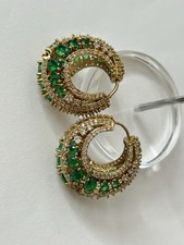 Antique Gold Plated American Diamond Ear HOOPS In Emrald Green Colour for Women