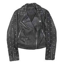 ZARA BASIC Womens Black Leather Studded Biker Jacket XS Embroidered Skull Patch
