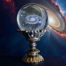 3D Galaxy Orb Ball Paperweight Crystal Globe with Brass Look Stand 4.5" Tall EC 