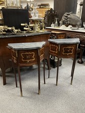 Pair of French Louis XVI Demi Lune Black Marble Top Bedside Table with 3 Drawers