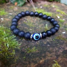 Evil Eye Bracelet Matte Onyx Black Handmade Elastic Unique Stone Beads UK