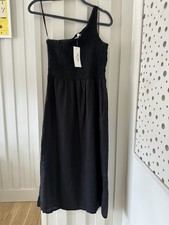 Next Black Linen Dress Shirred Smocked One Shoulder Midi Size UK 8 NEW £55