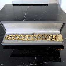 27mm Patterned Bark Chaps Bracelet 9ct Gold XP Huge Heavy 8" Gold Curb Bracelet 