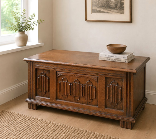 Carved oak blanket box - carved,