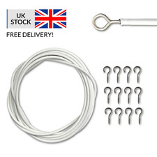 4m White Curtain Wire Window Net Cable Cord Rail with 12 Hooks & Eye Fittings