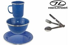 Highlander BLUE ENAMEL Camping Cook Dining Set Mug Bowl Plate + Cutlery Set