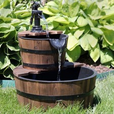 Wooden Bowl/Barrel Water Fountain with Hand Pump/Liner - 23 in by Sunnydaze