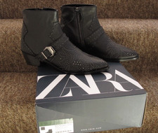 ZARA 100% Leather Black Ankle Boots,Size UK 6