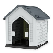 Plastic Dog House Indoor Outdoor Pet Shelter for Small Dogs Cats-Grey